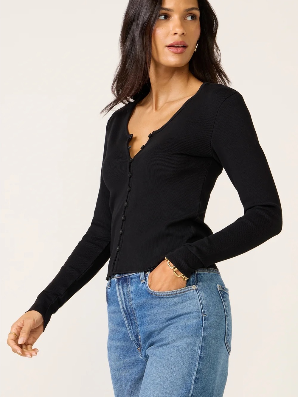 bobi Black Ribbed Long-Sleeve Button-Up Top
